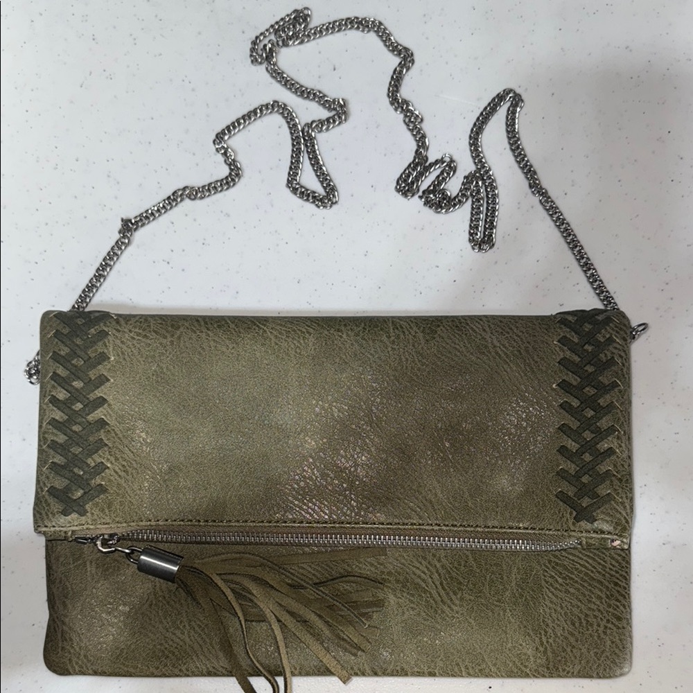 Olive Green Leather Clutch with Chain Strap